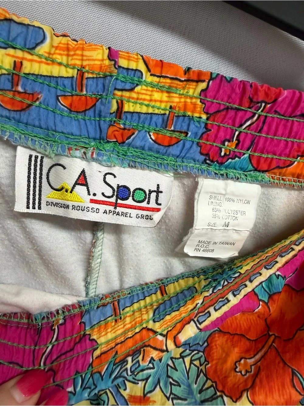 Vintage 90s Men's Tropical Print Swim Shorts Blue Orange Hawaiian Palm Print Lg